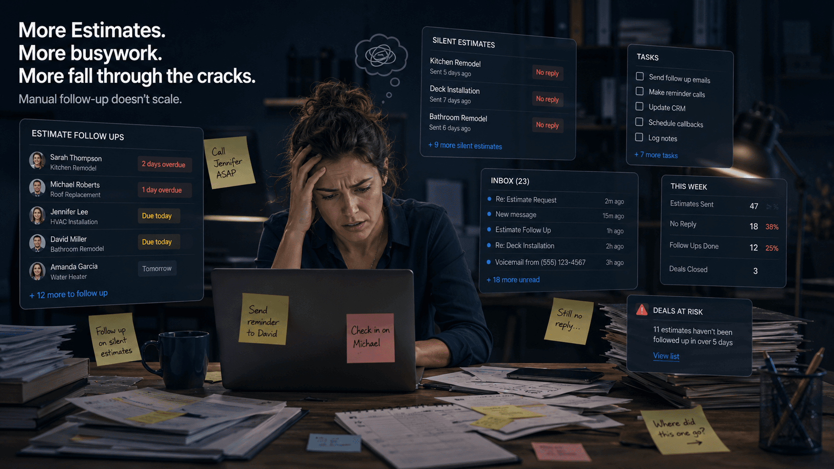 Overloaded office manager handling silent estimates, follow-up reminders, CRM tasks, and inbox messages.