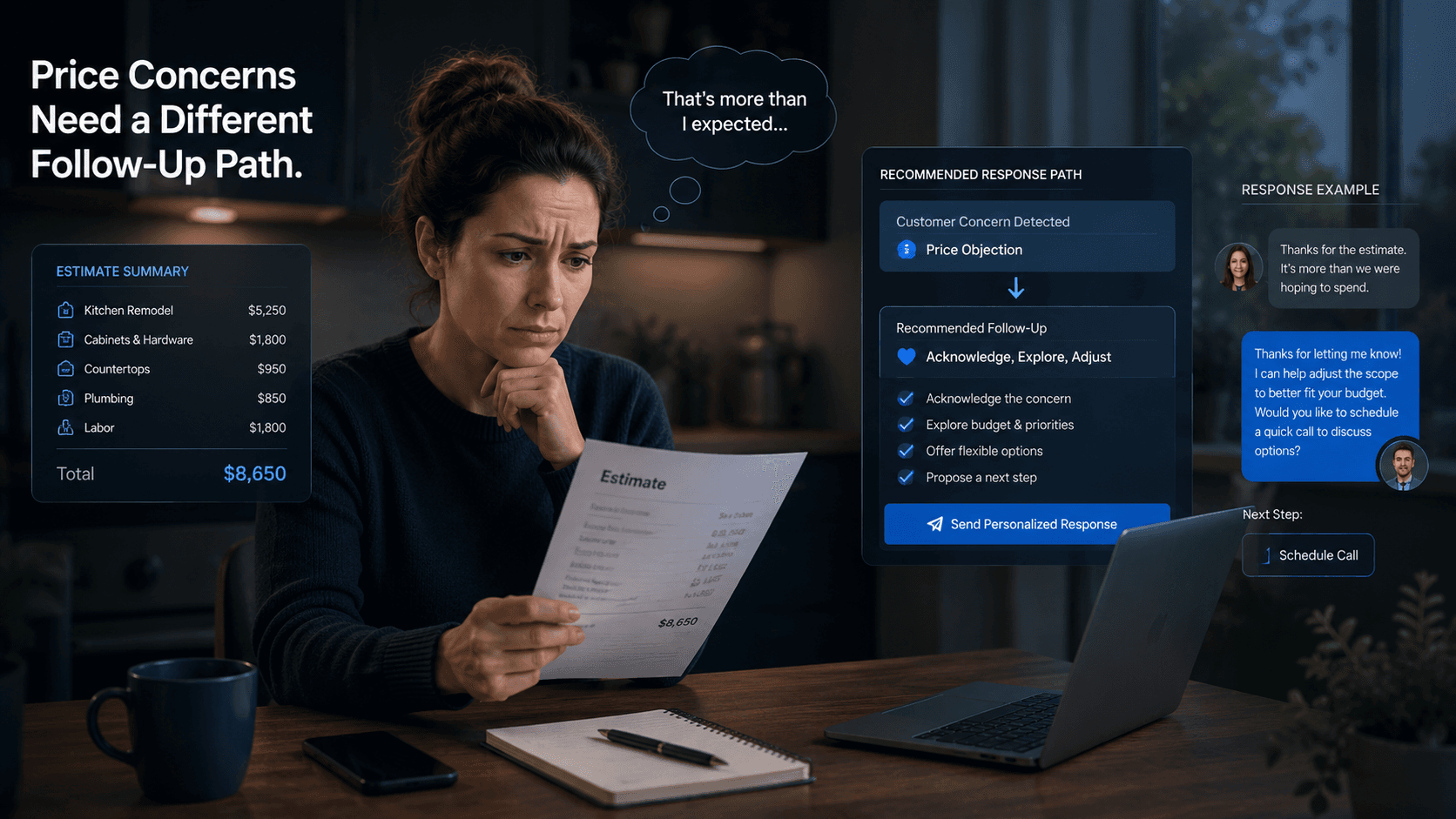 Customer reviewing an estimate with a price concern and a recommended follow-up response path.
