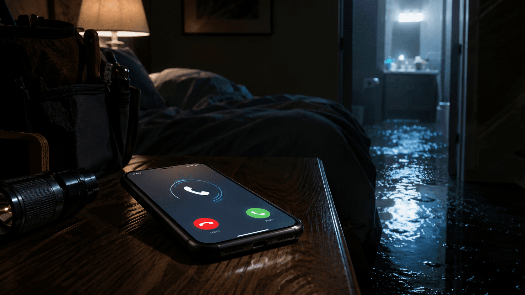 After-hours emergency service call on a phone in a flooded home at night.