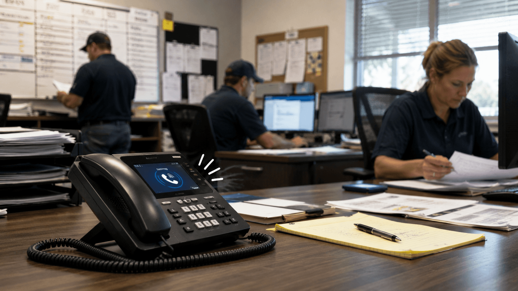 Busy contractor office with a ringing desk phone while staff handle other tasks.
