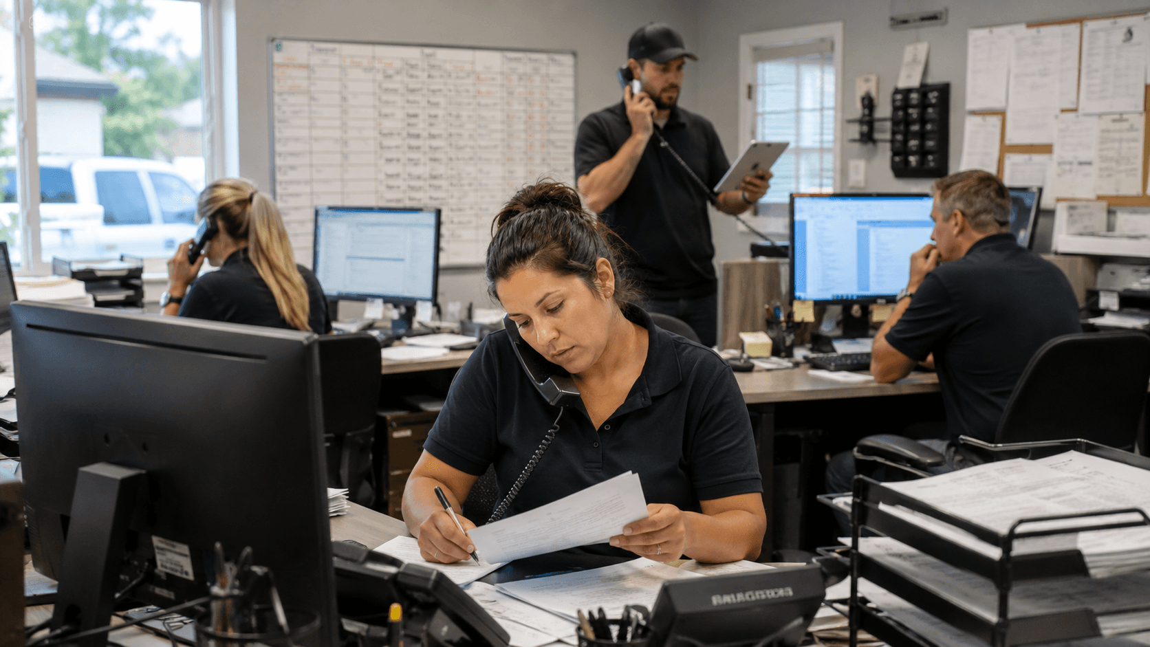 Busy contractor office staff handling calls, dispatch tasks, and paperwork at the same time.