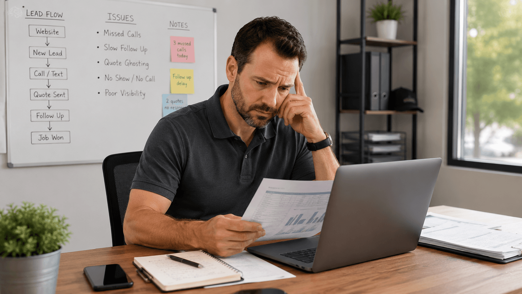 Contractor reviewing reports and missed-call related workflow issues in the office.