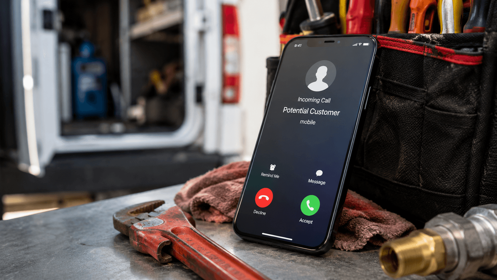 Incoming customer call on a phone in a contractor workshop next to tools and a service vehicle.