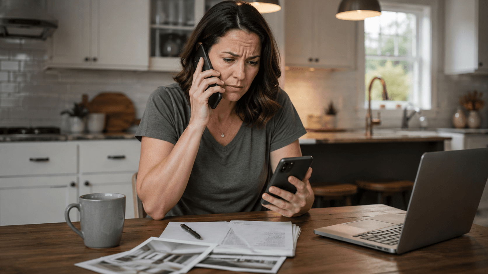 Concerned homeowner on the phone while checking her mobile after trying to reach a contractor.