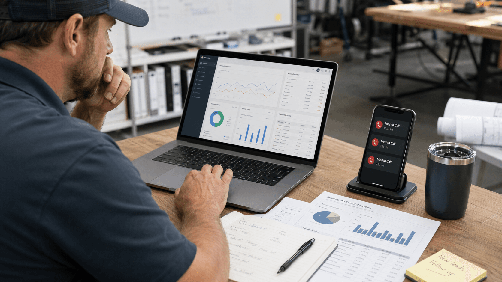 Contractor reviewing business dashboard and missed calls alongside marketing and lead notes.