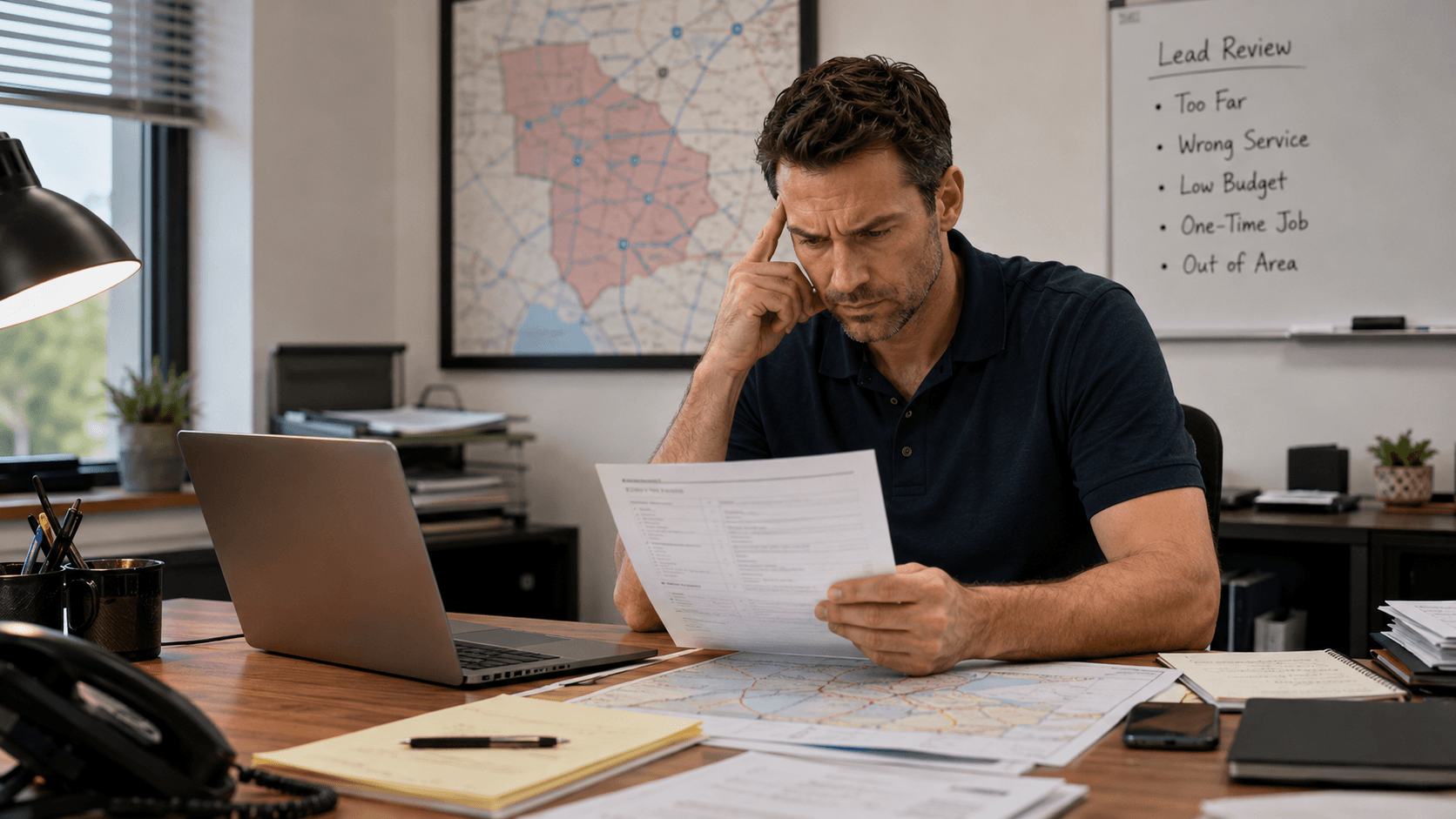 Contractor reviewing a bad-fit lead outside the service area or not ready to book.