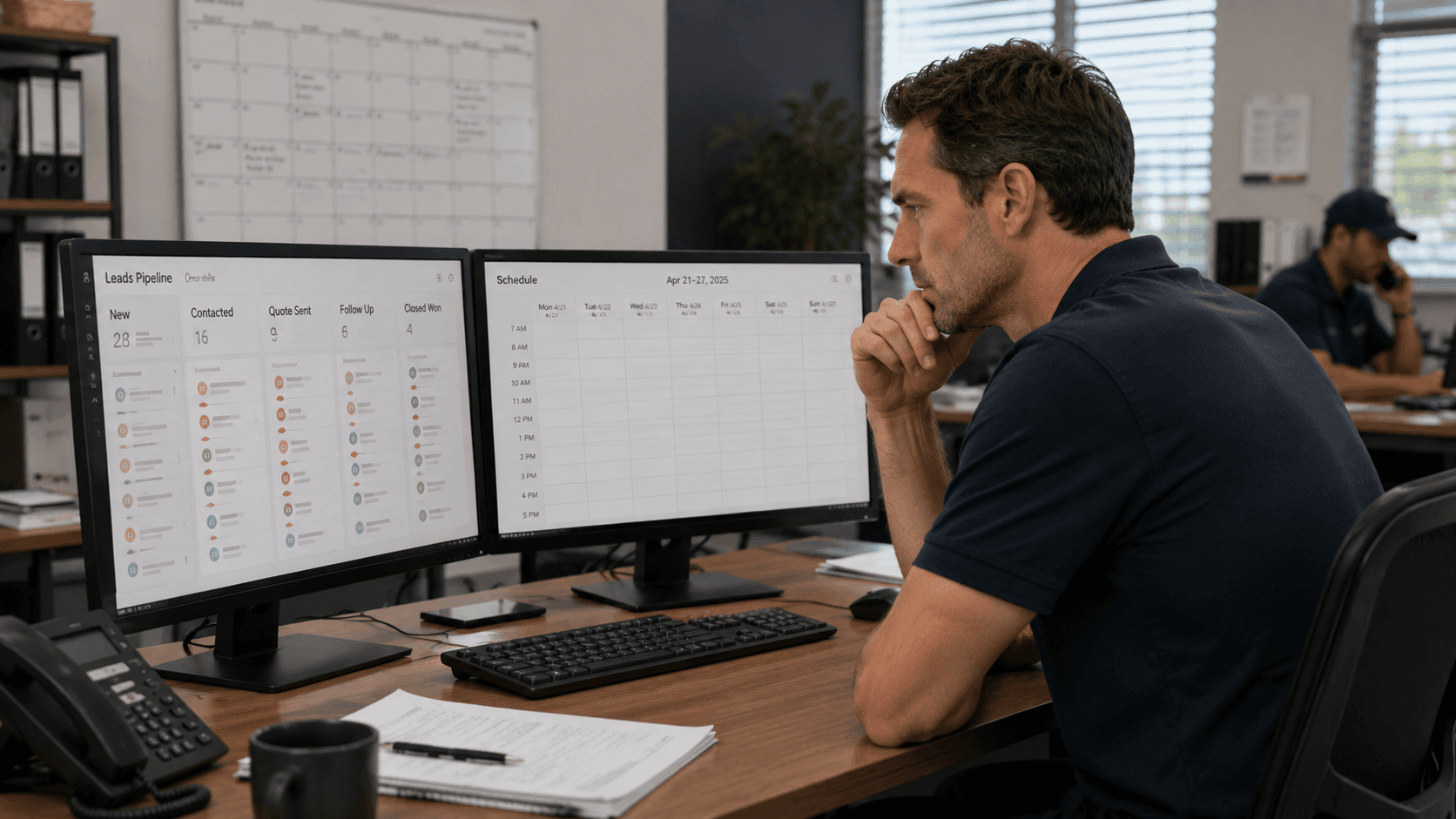 Contractor reviewing a full CRM pipeline while the booking calendar still has open gaps.