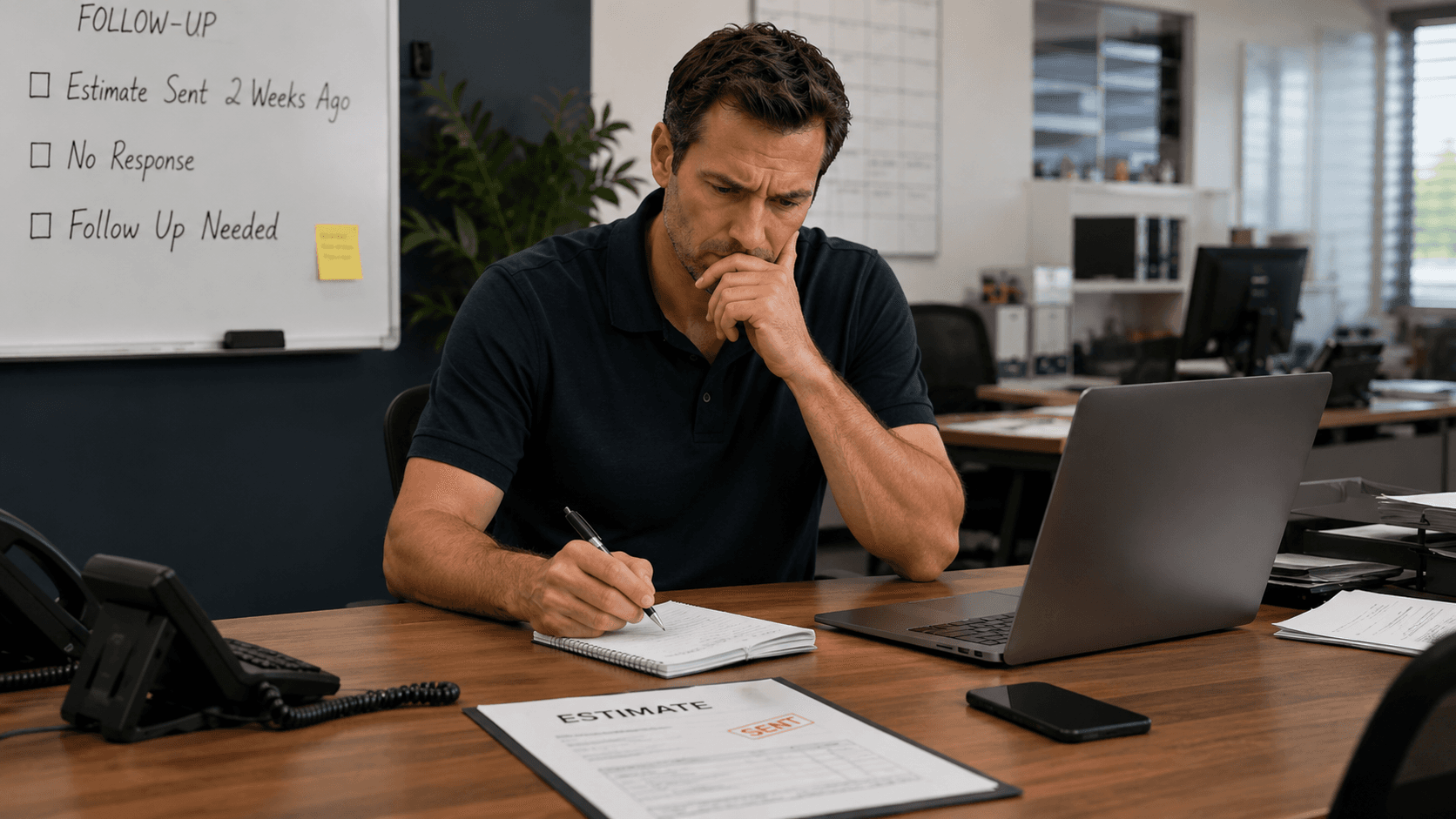 Contractor reviewing an old estimate that needs follow-up after no customer response.