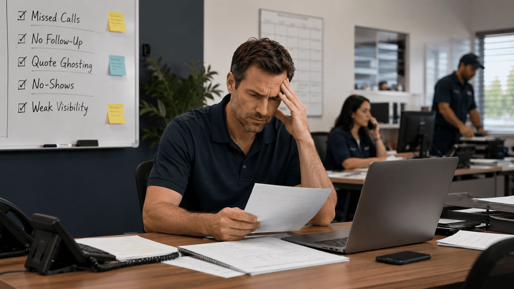 Home-service business owner reviewing missed calls, follow-up gaps, quote ghosting, no-shows, and weak visibility.