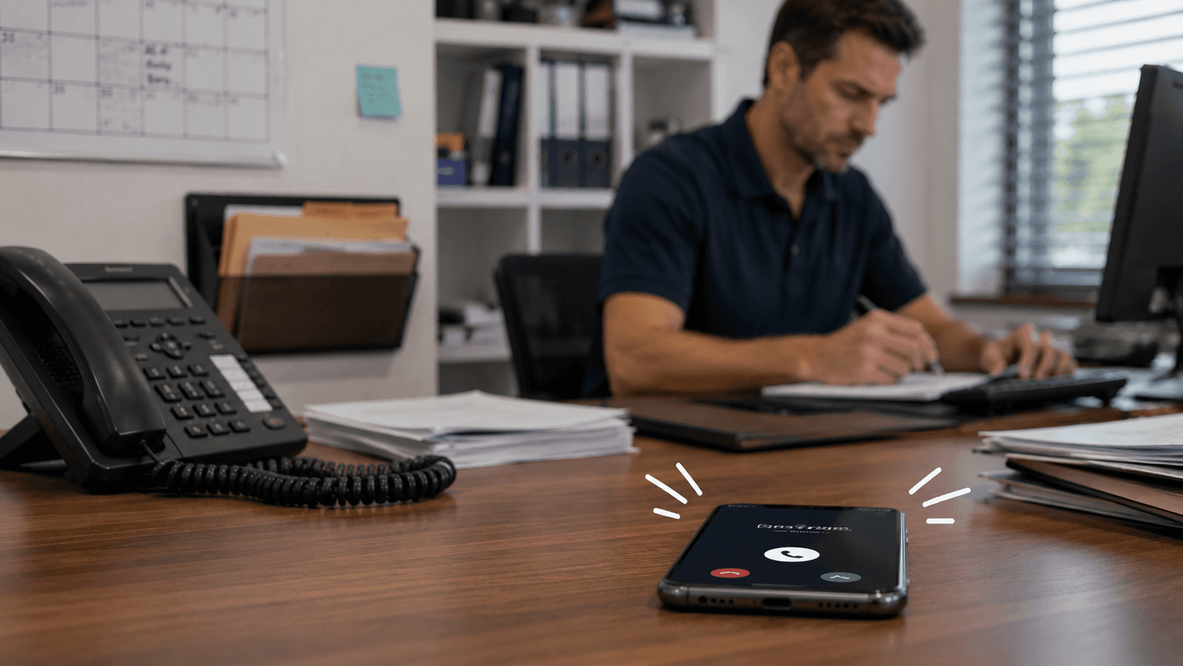 Missed phone call in a contractor office representing lost jobs from unanswered customer inquiries.
