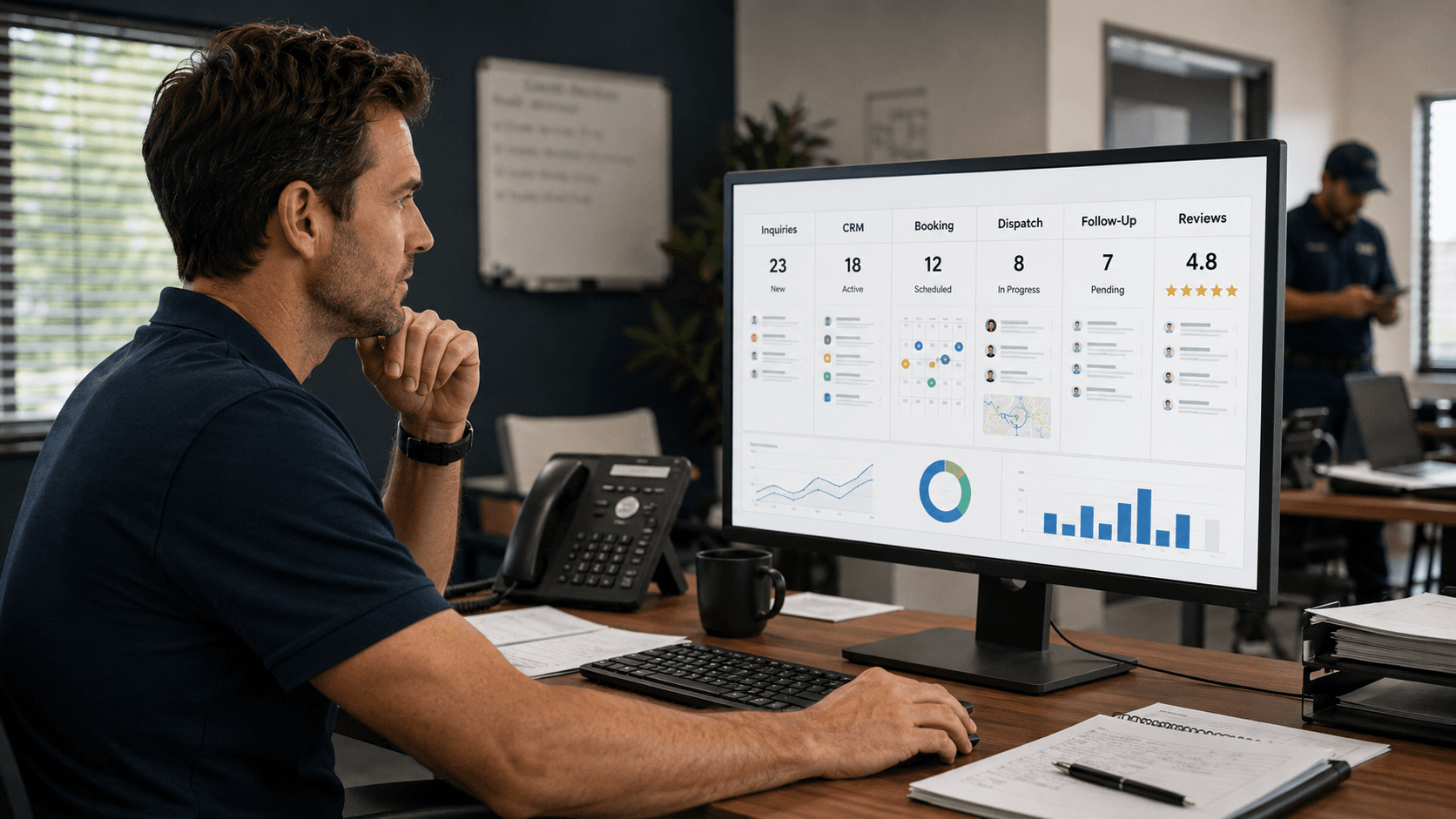 Contractor dashboard showing inquiries, CRM, booking, dispatch, follow-up, reviews, and reports in one workflow.